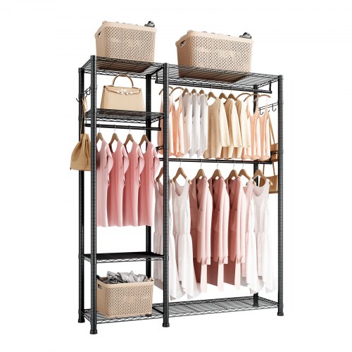 VEVOR Clothing Garment Rack, Heavy Duty Clothes Rack, 6 Adjustable Tiers Clothes Racks with Steel Frame, 363 kg Load Capacity Closet Wardrobe with 3 Hanging Rods for Bedroom, Clothing Store, Hallway