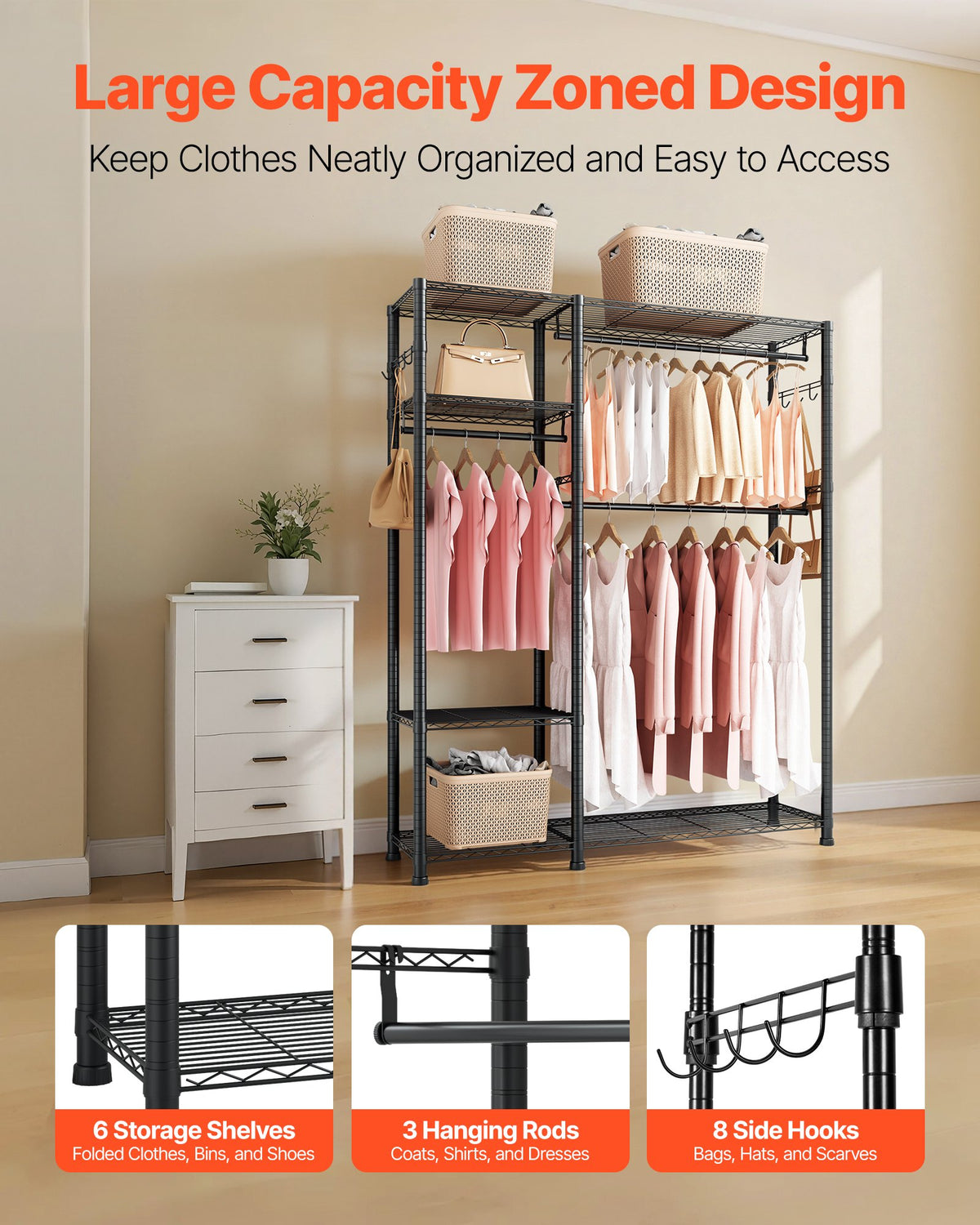 VEVOR Clothing Garment Rack, Heavy Duty Clothes Rack, 6 Adjustable Tiers Clothes Racks with Steel Frame, 363 kg Load Capacity Closet Wardrobe with 3 Hanging Rods for Bedroom, Clothing Store, Hallway
