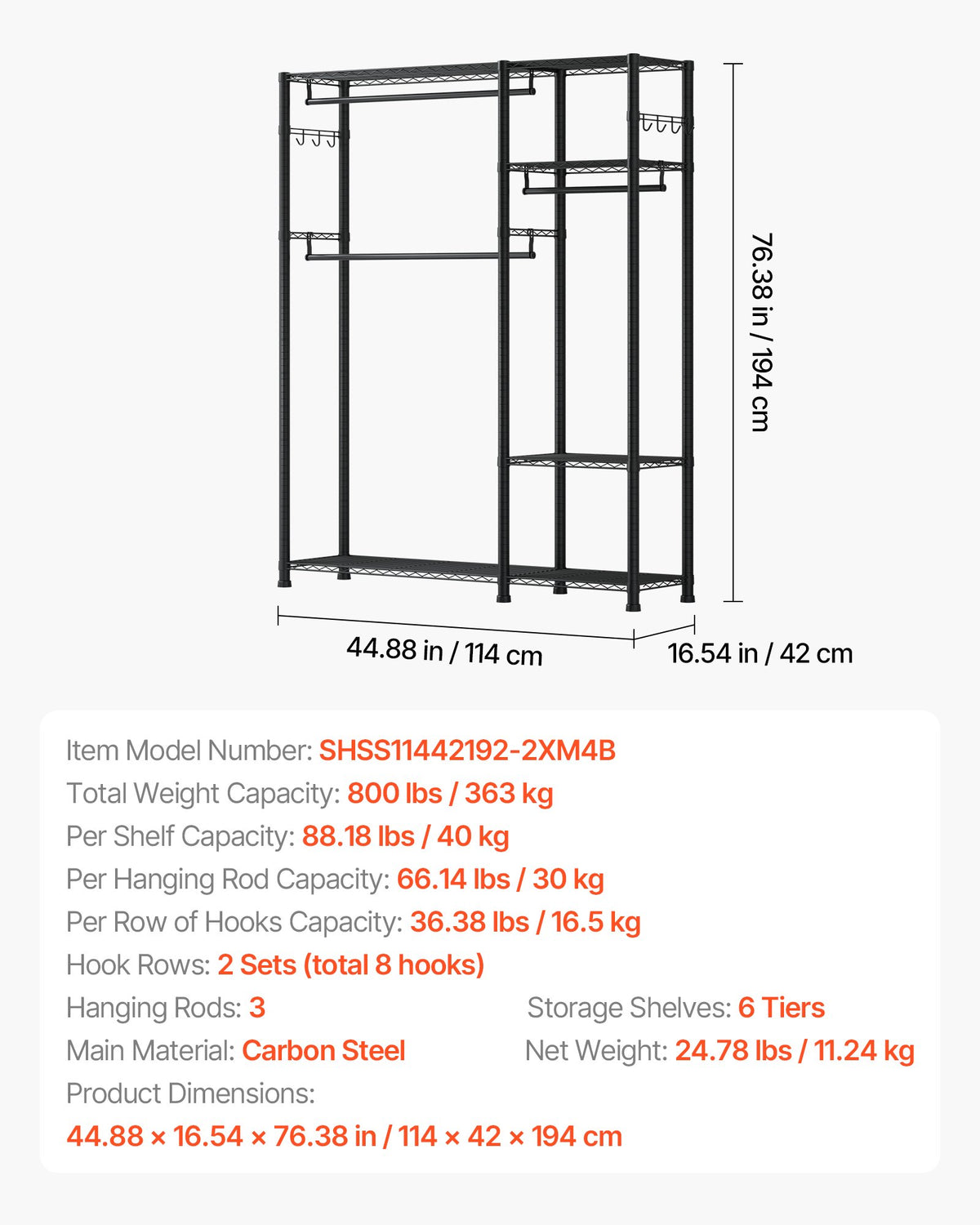 VEVOR Clothing Garment Rack, Heavy Duty Clothes Rack, 6 Adjustable Tiers Clothes Racks with Steel Frame, 363 kg Load Capacity Closet Wardrobe with 3 Hanging Rods for Bedroom, Clothing Store, Hallway