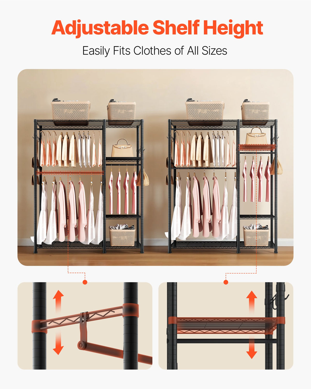 VEVOR Clothing Garment Rack, Heavy Duty Clothes Rack, 6 Adjustable Tiers Clothes Racks with Steel Frame, 363 kg Load Capacity Closet Wardrobe with 3 Hanging Rods for Bedroom, Clothing Store, Hallway