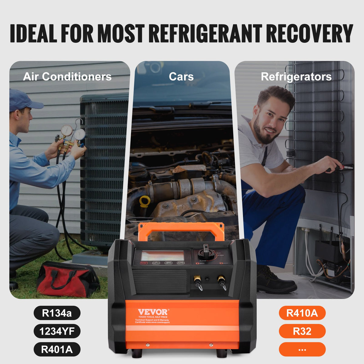 VEVOR Refrigerant Recovery Machine, 1 HP Dual Cylinder Portable AC Recovery Machine with 3000rpm Brushless Motor, Freon Refrigerant Recycling Tool for Automotive, Air Condition, Household HVAC