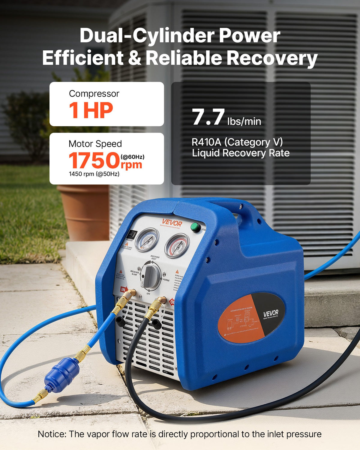 VEVOR Portable Refrigerant Recovery Machine, 1 HP 220-240V 50Hz Dual Cylinder AC Recovery Machine for Liquid Vapor Refrigerant, 1450 RPM Recycling Unit HVAC for Automotive & Household Air Conditioning