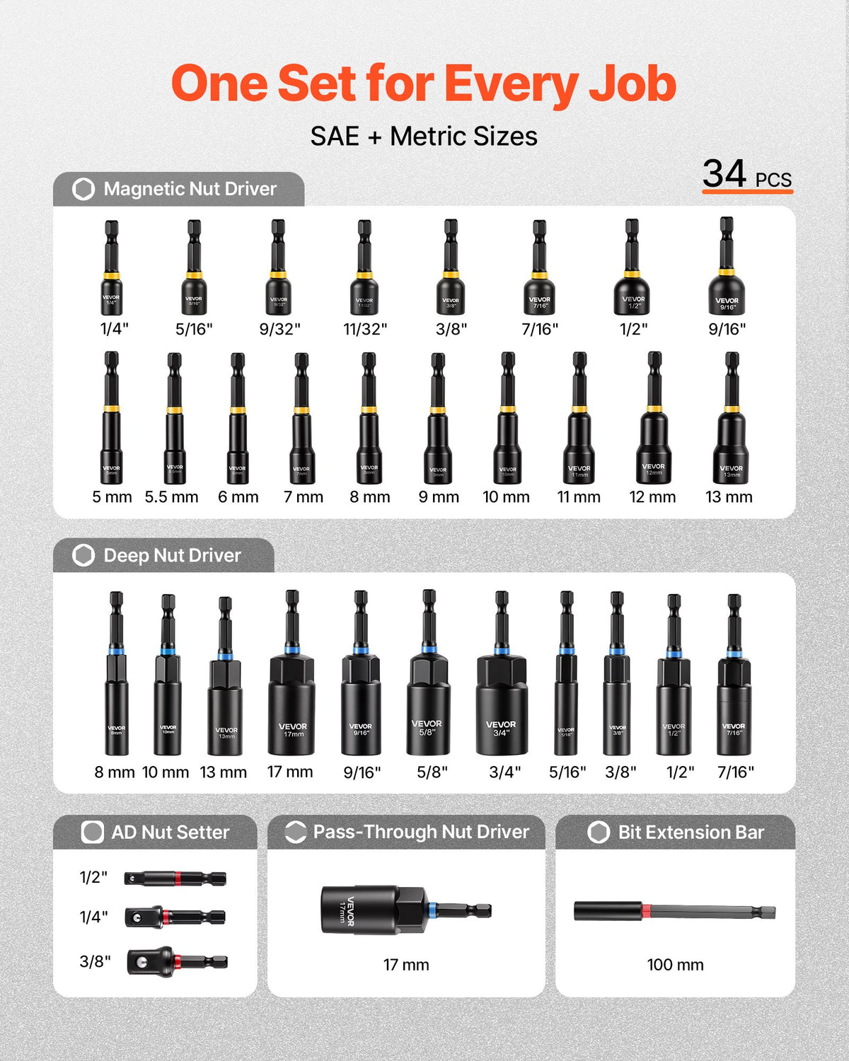 VEVOR Nut Driver Set, 34-Piece, SAE and Metric Sizes, Magnetic Nut Drivers, with AD Setter, Bit Extension Bar, and Carrying Case, Versatile for Automotive Repairs, Home Improvements, and DIY Tasks