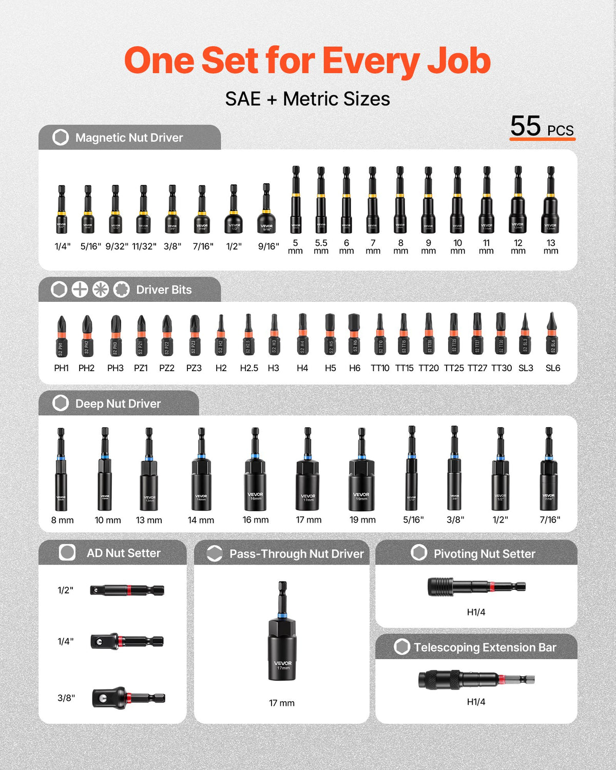 VEVOR Nut Driver Set, 55-Piece, SAE and Metric Sizes, Magnetic Nut Drivers, with Setters, Extension Bar, Bits, and Carrying Case, Versatile for Automotive Repairs, Home Improvements, and DIY Tasks