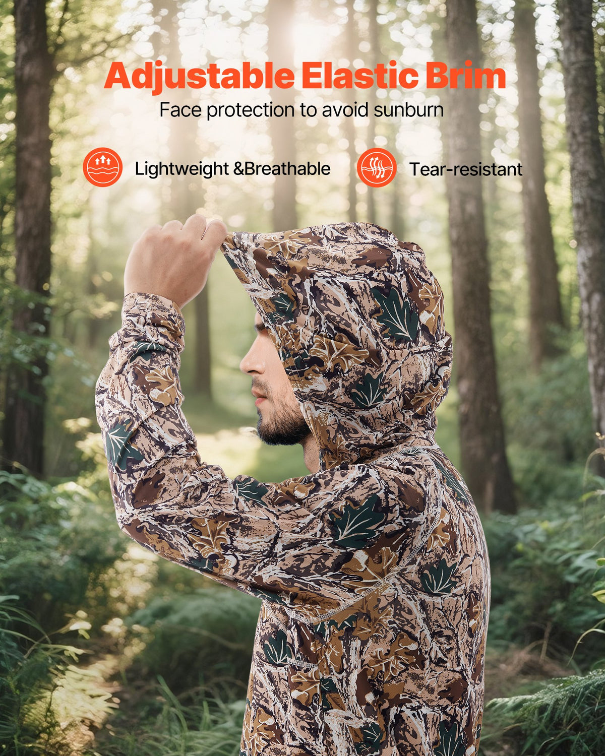 VEVOR Camo Hoodie, 3X-Large Size, Men Pullover Hooded Sweatshirt, Moisture Wicking & Breathable, Quick-dry, Hiking Fishing Shirt with Hood, Long Sleeves Hunting Shirts for Spring & Summer Outdoor Work