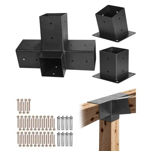 VEVOR Pergola Kit, 4x4 Inch 4-Way Slanted Bracket for 92 x 92 mm Wood Beams in Actual Size, Carbon Steel Pergola Bracket with Post Base and Wall Mount Base, for Outdoor Pergolas, Gazebos, Sheds