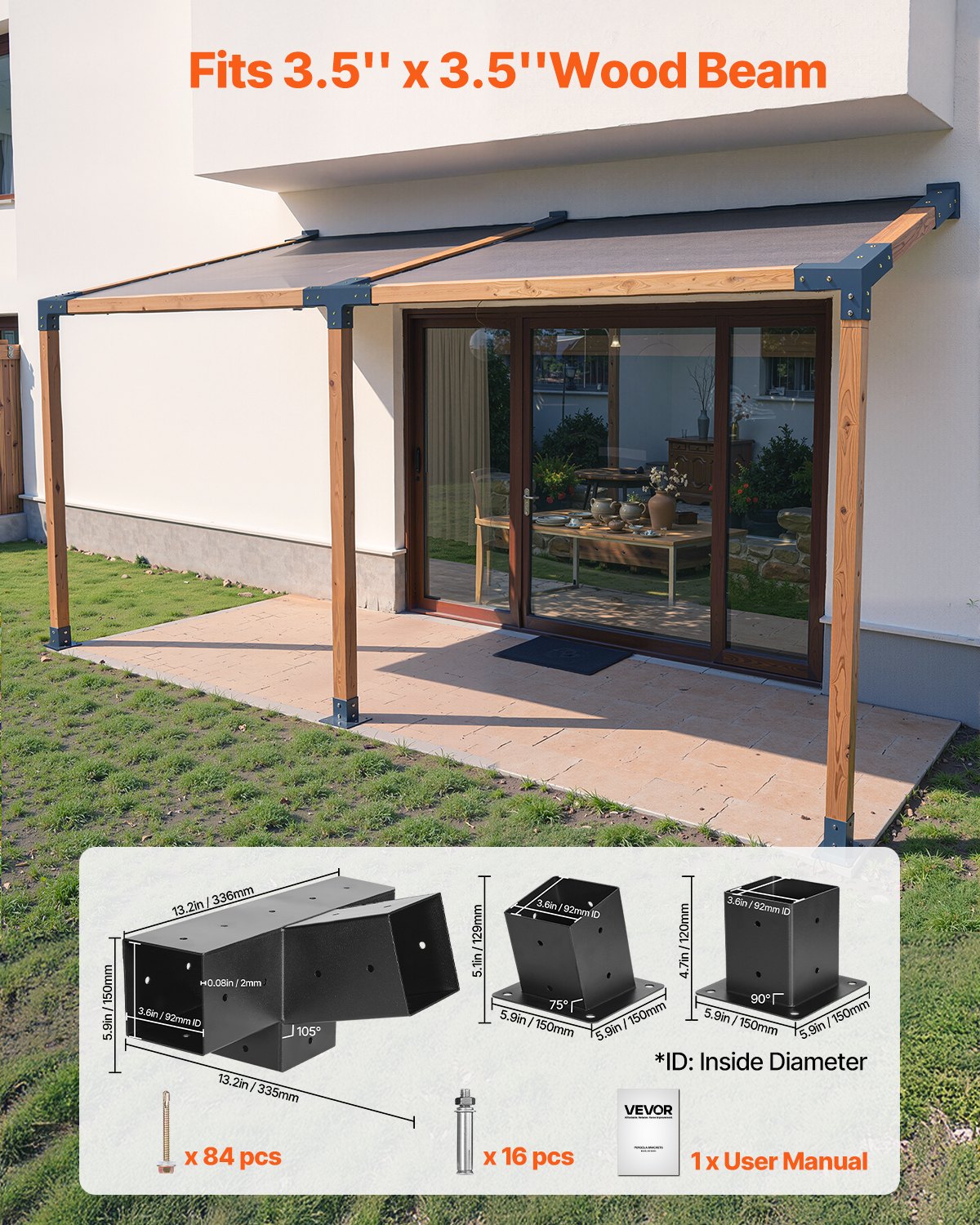 VEVOR Pergola Kit, 4x4 Inch 4-Way Slanted Bracket for 92 x 92 mm Wood Beams in Actual Size, Carbon Steel Pergola Bracket with Post Base and Wall Mount Base, for Outdoor Pergolas, Gazebos, Sheds