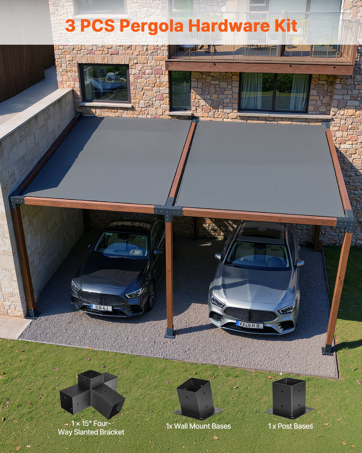 VEVOR Pergola Kit, 4x4 Inch 4-Way Slanted Bracket for 92 x 92 mm Wood Beams in Actual Size, Carbon Steel Pergola Bracket with Post Base and Wall Mount Base, for Outdoor Pergolas, Gazebos, Sheds