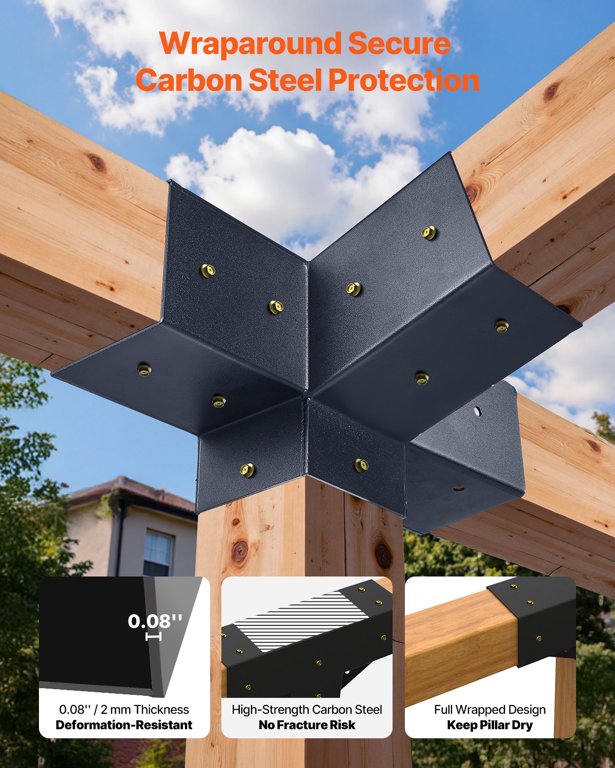 VEVOR Pergola Kit, 4x4 Inch 4-Way Slanted Bracket for 92 x 92 mm Wood Beams in Actual Size, Carbon Steel Pergola Bracket with Post Base and Wall Mount Base, for Outdoor Pergolas, Gazebos, Sheds