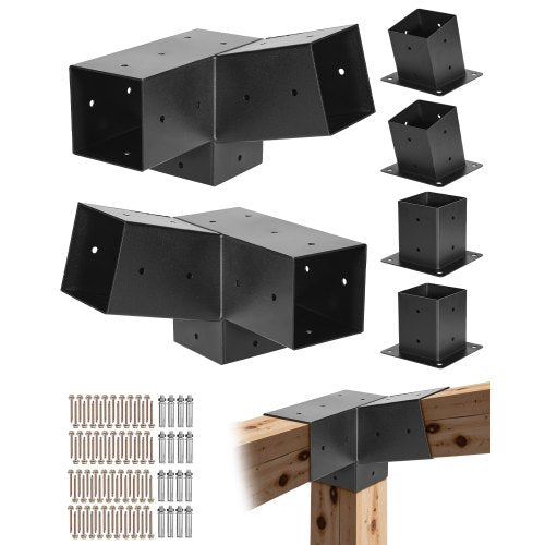 VEVOR Pergola Kit, 4x4 Inch 3-Way Slanted Brackets for 92 x 92 mm Wood Beams in Actual Size, 2-Pack Pergola Brackets with 2 Post Bases and 2 Wall Mount Bases, for Outdoor Pergolas, Gazebos, Sheds