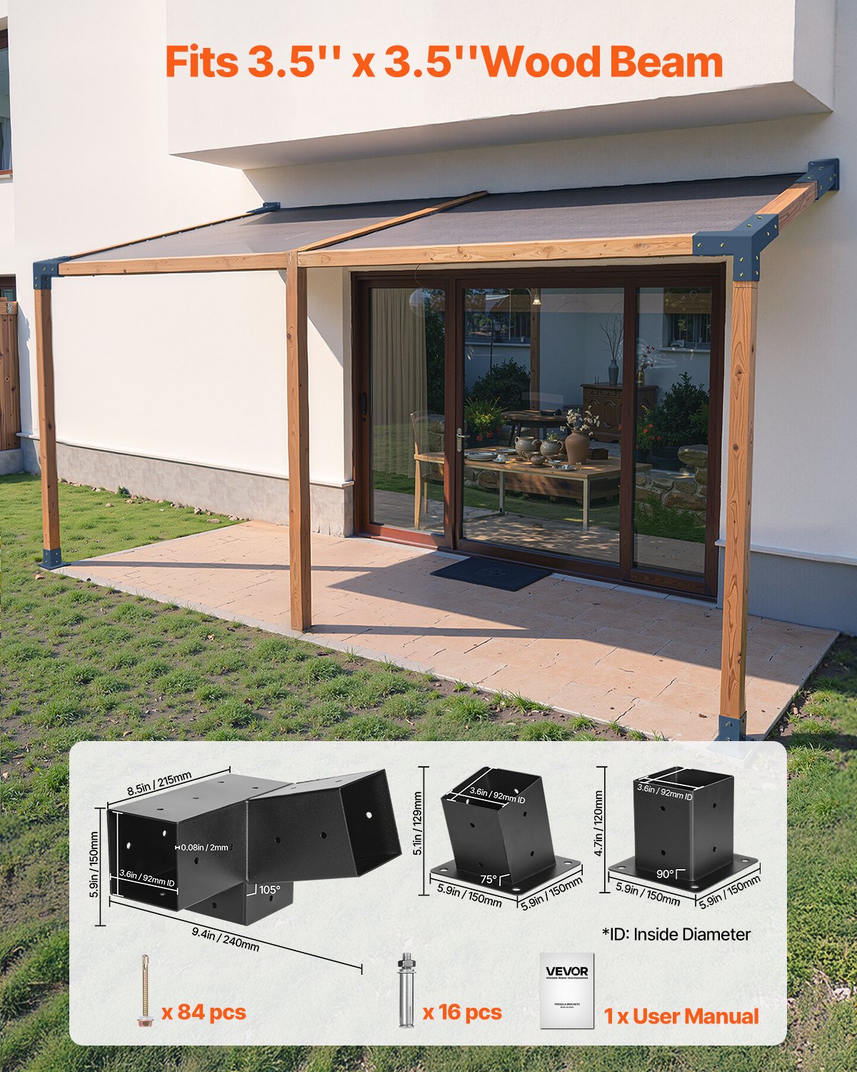 VEVOR Pergola Kit, 4x4 Inch 3-Way Slanted Brackets for 92 x 92 mm Wood Beams in Actual Size, 2-Pack Pergola Brackets with 2 Post Bases and 2 Wall Mount Bases, for Outdoor Pergolas, Gazebos, Sheds