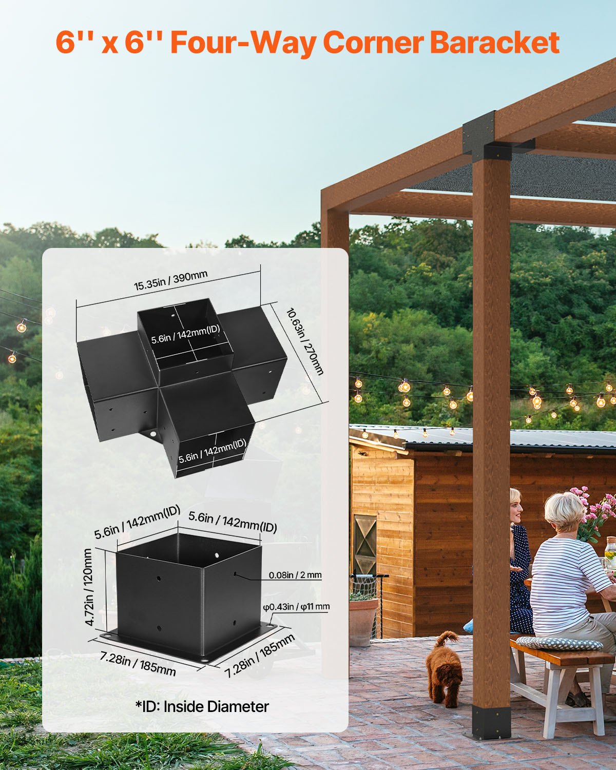 VEVOR Pergola Bracket Kit, 6x6 Inch (Inner Size 142 x 142 mm), 2 Pcs 4-Way Heavy Duty Corner Bracket Woodworks DIY Post Base Kit, Easy Installation Wooden Beams for Gazebos, Patio Pergolas, Log Cabin