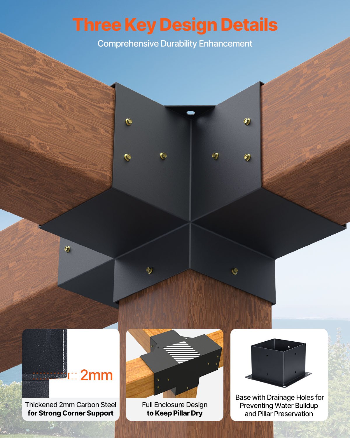VEVOR Pergola Bracket Kit, 6x6 Inch (Inner Size 142 x 142 mm), 2 Pcs 4-Way Heavy Duty Corner Bracket Woodworks DIY Post Base Kit, Easy Installation Wooden Beams for Gazebos, Patio Pergolas, Log Cabin