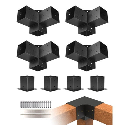 VEVOR Pergola Bracket Kit, 4x4 Inch (Inner Size 92 x 92 mm), 4 Pcs 3-Way Heavy Duty Corner Bracket Woodworks DIY Post Base Kit, Easy Installation Wooden Beams for Gazebos, Patio Pergolas, Log Cabin