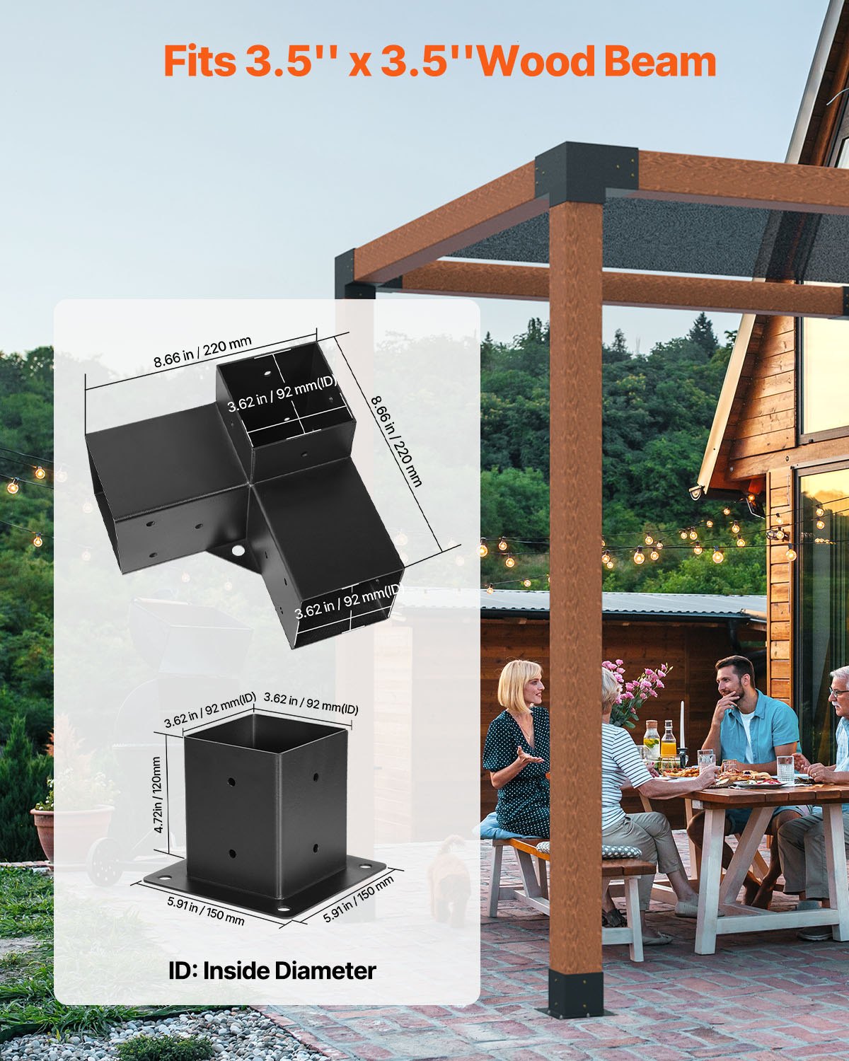 VEVOR Pergola Bracket Kit, 4x4 Inch (Inner Size 92 x 92 mm), 4 Pcs 3-Way Heavy Duty Corner Bracket Woodworks DIY Post Base Kit, Easy Installation Wooden Beams for Gazebos, Patio Pergolas, Log Cabin