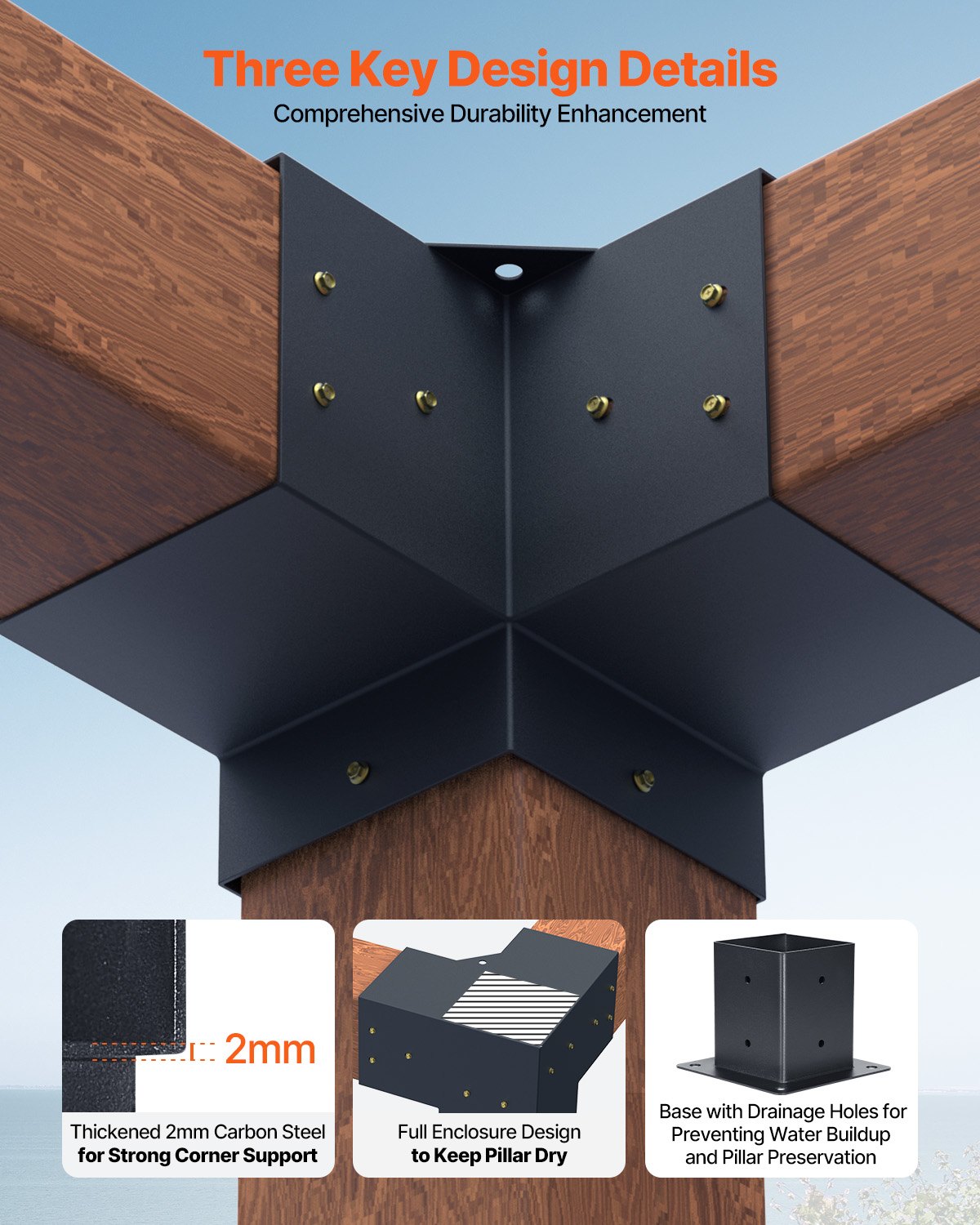 VEVOR Pergola Bracket Kit, 4x4 Inch (Inner Size 92 x 92 mm), 4 Pcs 3-Way Heavy Duty Corner Bracket Woodworks DIY Post Base Kit, Easy Installation Wooden Beams for Gazebos, Patio Pergolas, Log Cabin