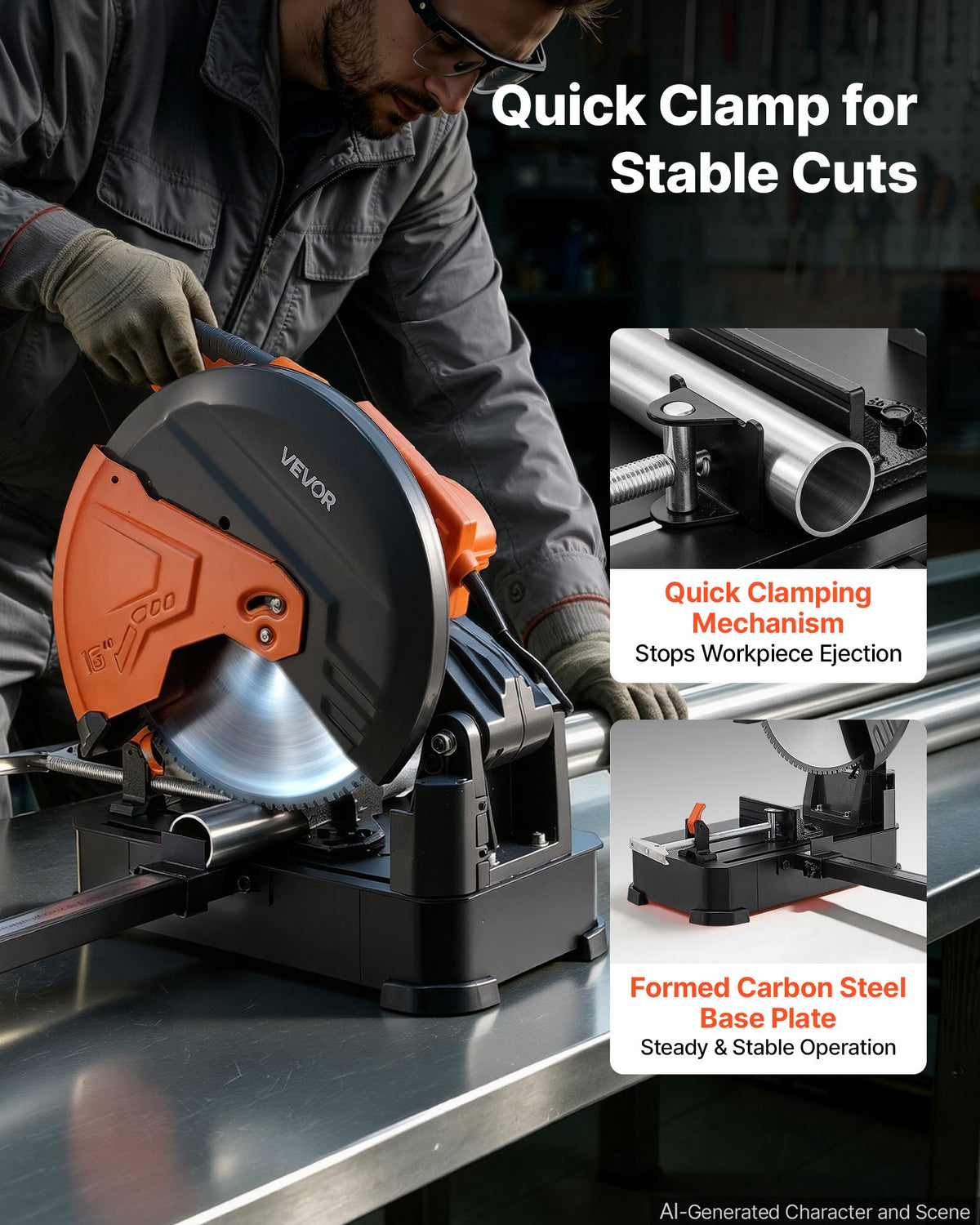 VEVOR Chop Saw 406.4mm Cold Cut Blade 3000 W Powerful Motor Cut Off Saw, For Cutting Metal, -45° to 45° Adjustable Angle, Efficient Dry Cutting, Stable, with Thickened Blade Guard and Scale Ruler