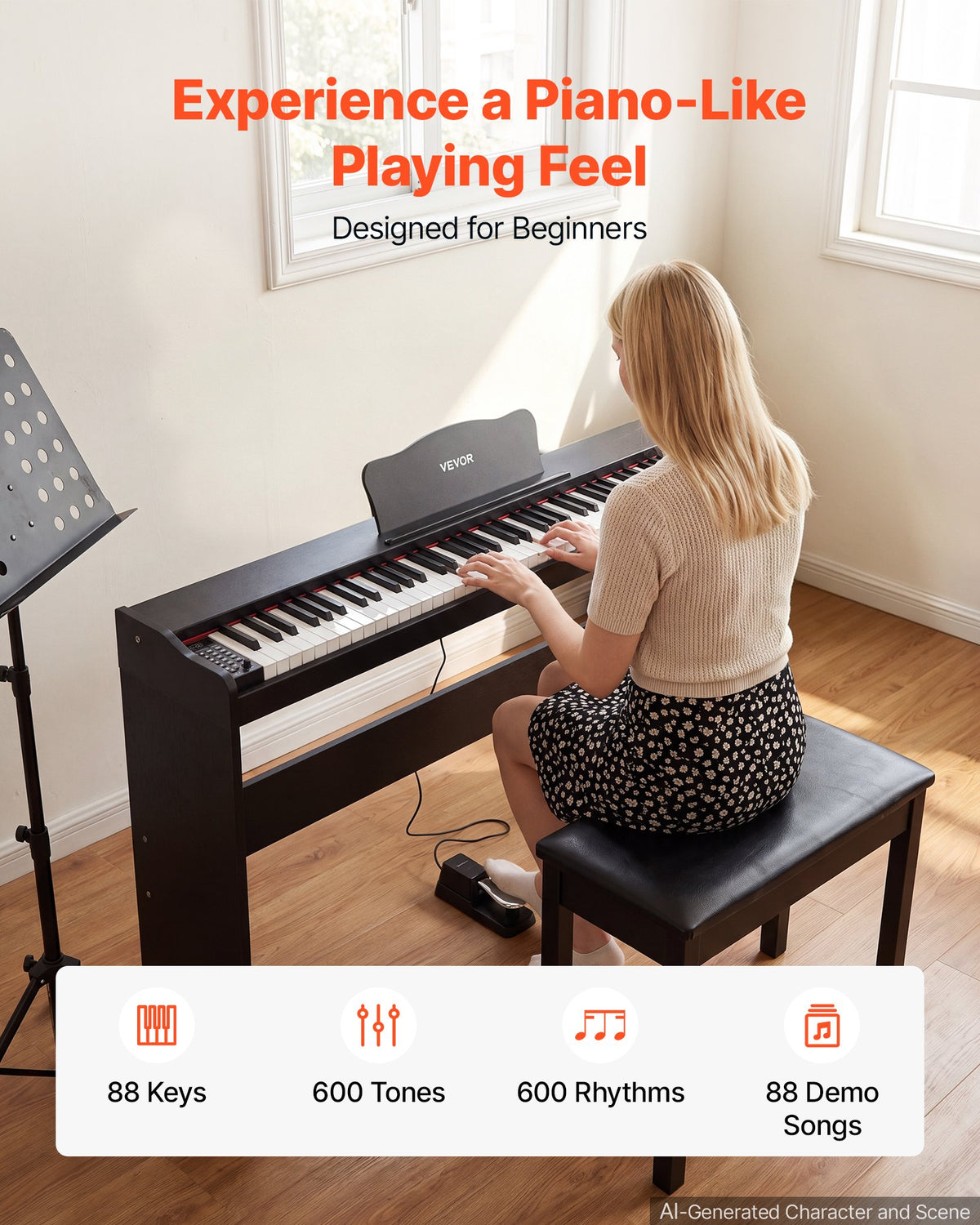 VEVOR Digital Piano 88 Keys Semi Weighted Keyboard with Stand Speaker Black, for Beginners, 600 Tones, 600 Rhythms, Full Size Electric Piano, with Pedal, Headphone Jack, USB/MIDI, Sheet Music Stand
