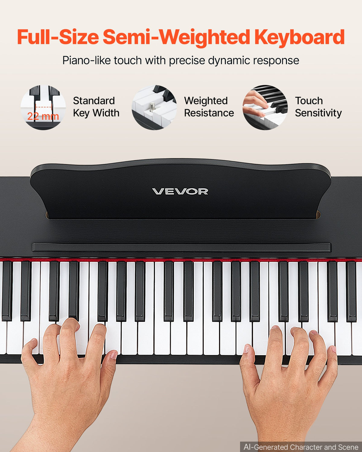 VEVOR Digital Piano 88 Keys Semi Weighted Keyboard with Stand Speaker Black, for Beginners, 600 Tones, 600 Rhythms, Full Size Electric Piano, with Pedal, Headphone Jack, USB/MIDI, Sheet Music Stand