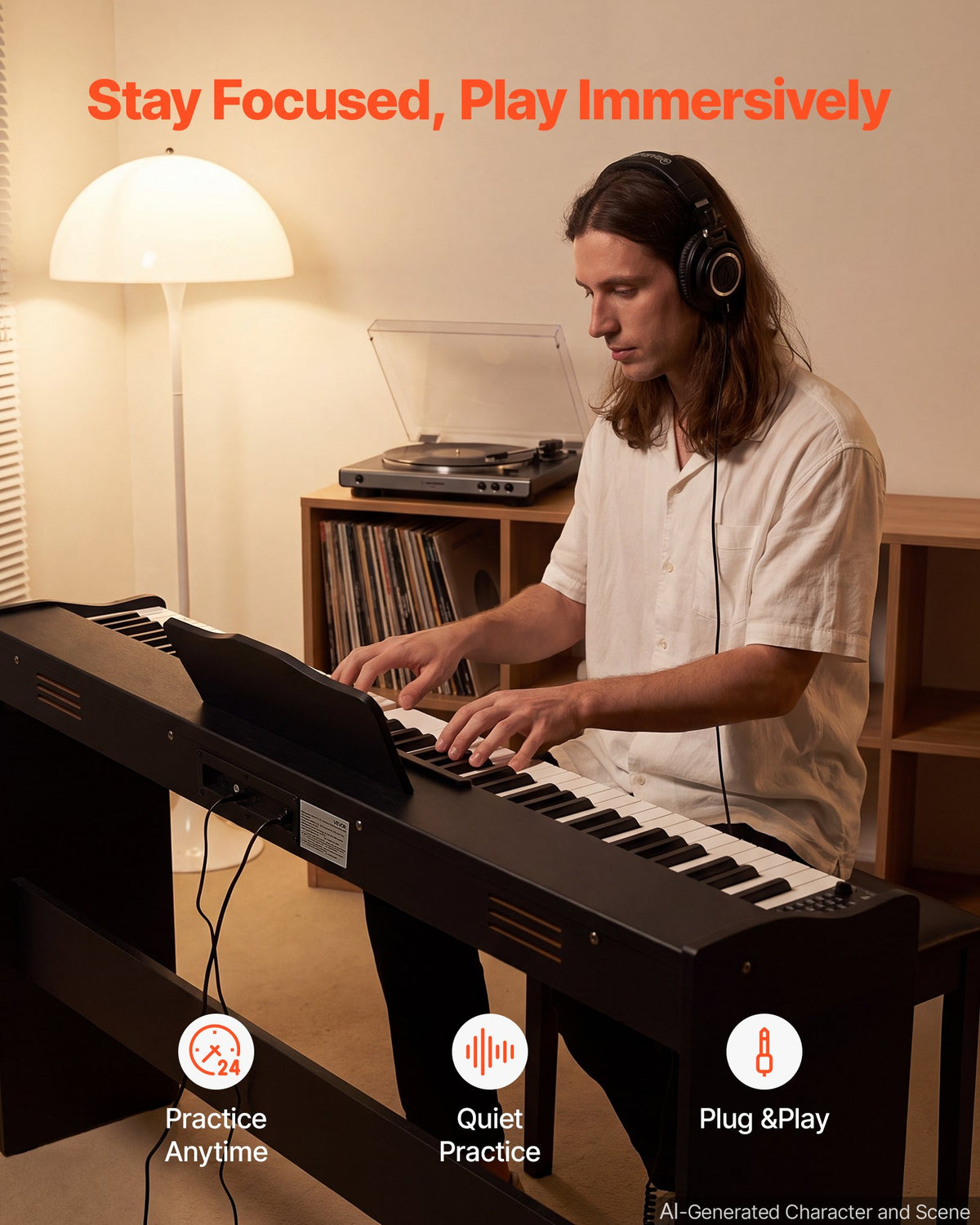 VEVOR Digital Piano 88 Keys Semi Weighted Keyboard with Stand Speaker Black, for Beginners, 600 Tones, 600 Rhythms, Full Size Electric Piano, with Pedal, Headphone Jack, USB/MIDI, Sheet Music Stand