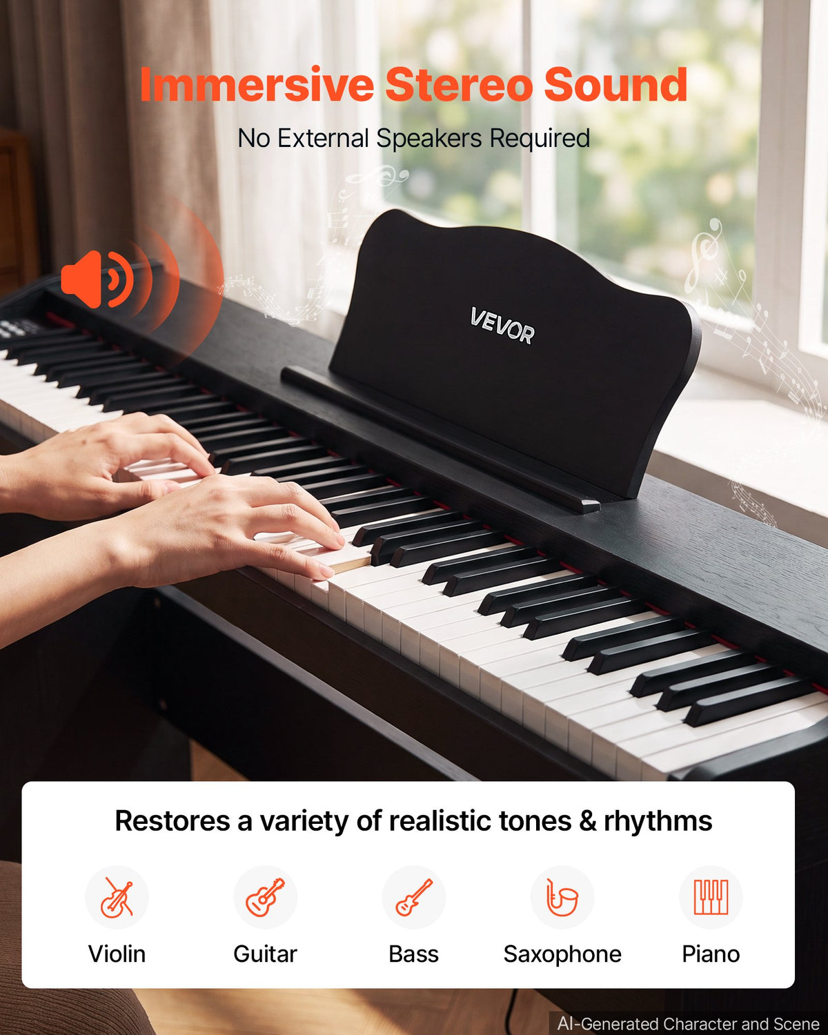 VEVOR Digital Piano 88 Keys Semi Weighted Keyboard with Stand Speaker Black, for Beginners, 600 Tones, 600 Rhythms, Full Size Electric Piano, with Pedal, Headphone Jack, USB/MIDI, Sheet Music Stand