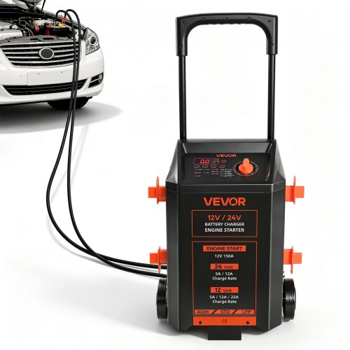VEVOR 12V/24V Wheeled Battery Charger 150A 12V Car Charger Engine Starter, Heavy Duty Automotive Car Battery Maintainer, Fully Automatic, with Wheels, Compatible with Lead-Acid and Lithium Batteries
