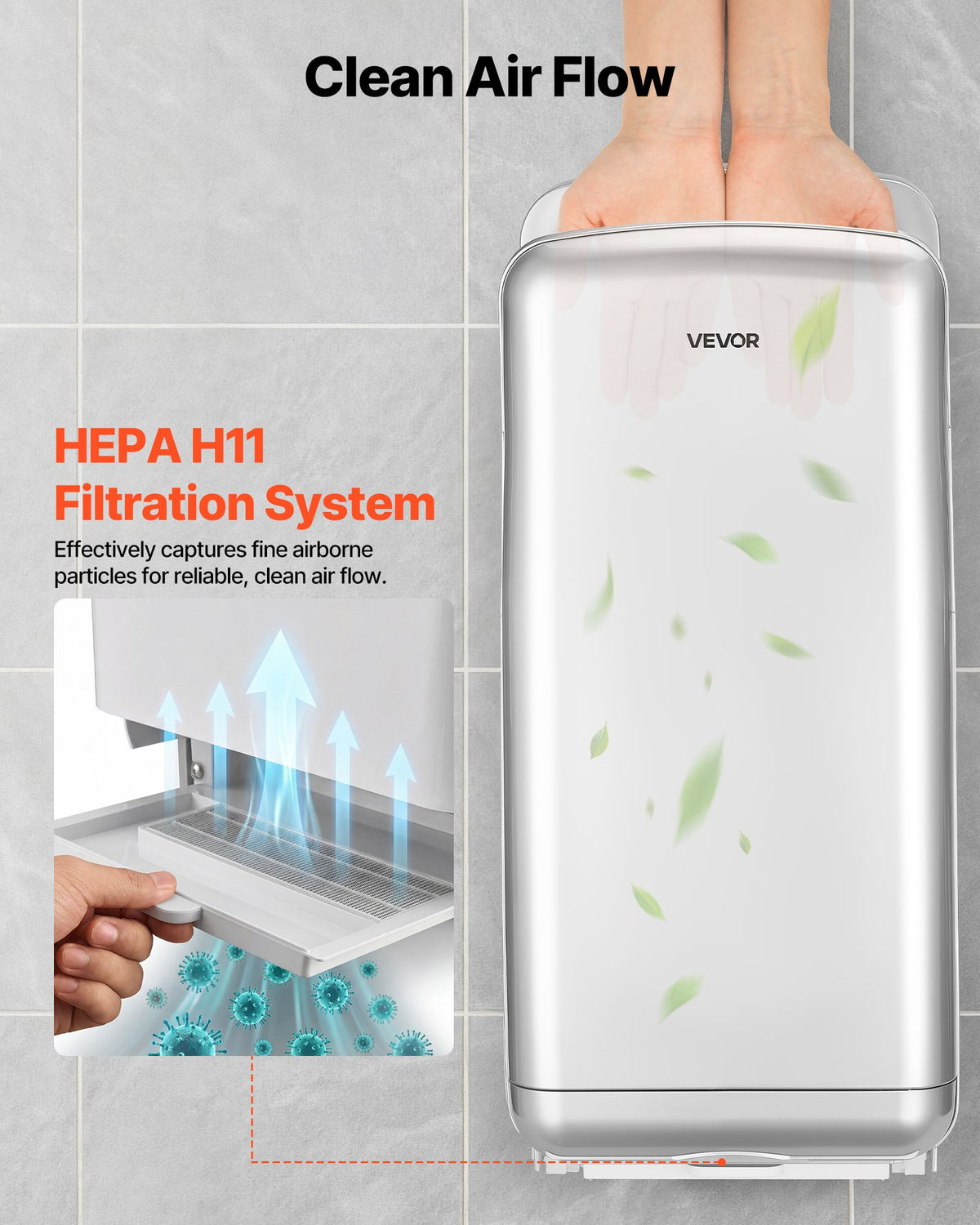 VEVOR Vertical Hand Dryer, Hand Dryers with HEPA Filter, 19000 RPM High-Speed Motor, Dual-Side Airflow, ABS Sturdy Automatic Air Wall Mount Fast Drying for Commercial Bathrooms Modern Home, Silver