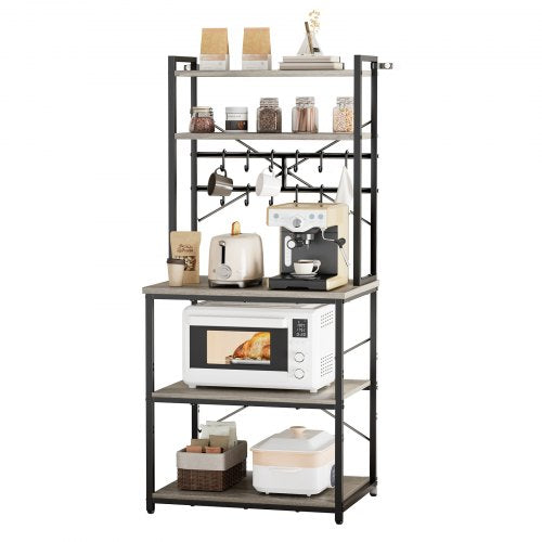 VEVOR Kitchen Bakers Rack, 600 mm Width Bakers Rack, Kitchen Stand with X-Shaped Support Bar, 12 S-Shaped Hooks, Double-Layer Top Shelf, Coffee Bar Stand for Dishes & Bowls, Spice Bottles