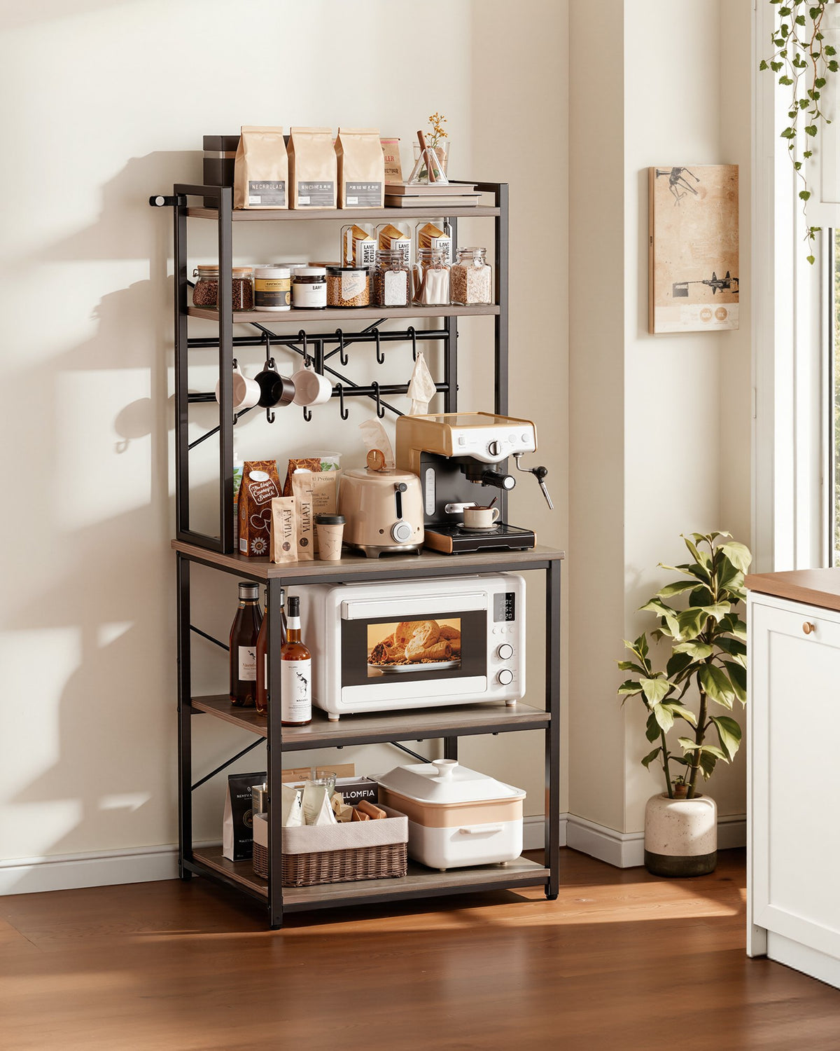VEVOR Kitchen Bakers Rack, 600 mm Width Bakers Rack, Kitchen Stand with X-Shaped Support Bar, 12 S-Shaped Hooks, Double-Layer Top Shelf, Coffee Bar Stand for Dishes & Bowls, Spice Bottles