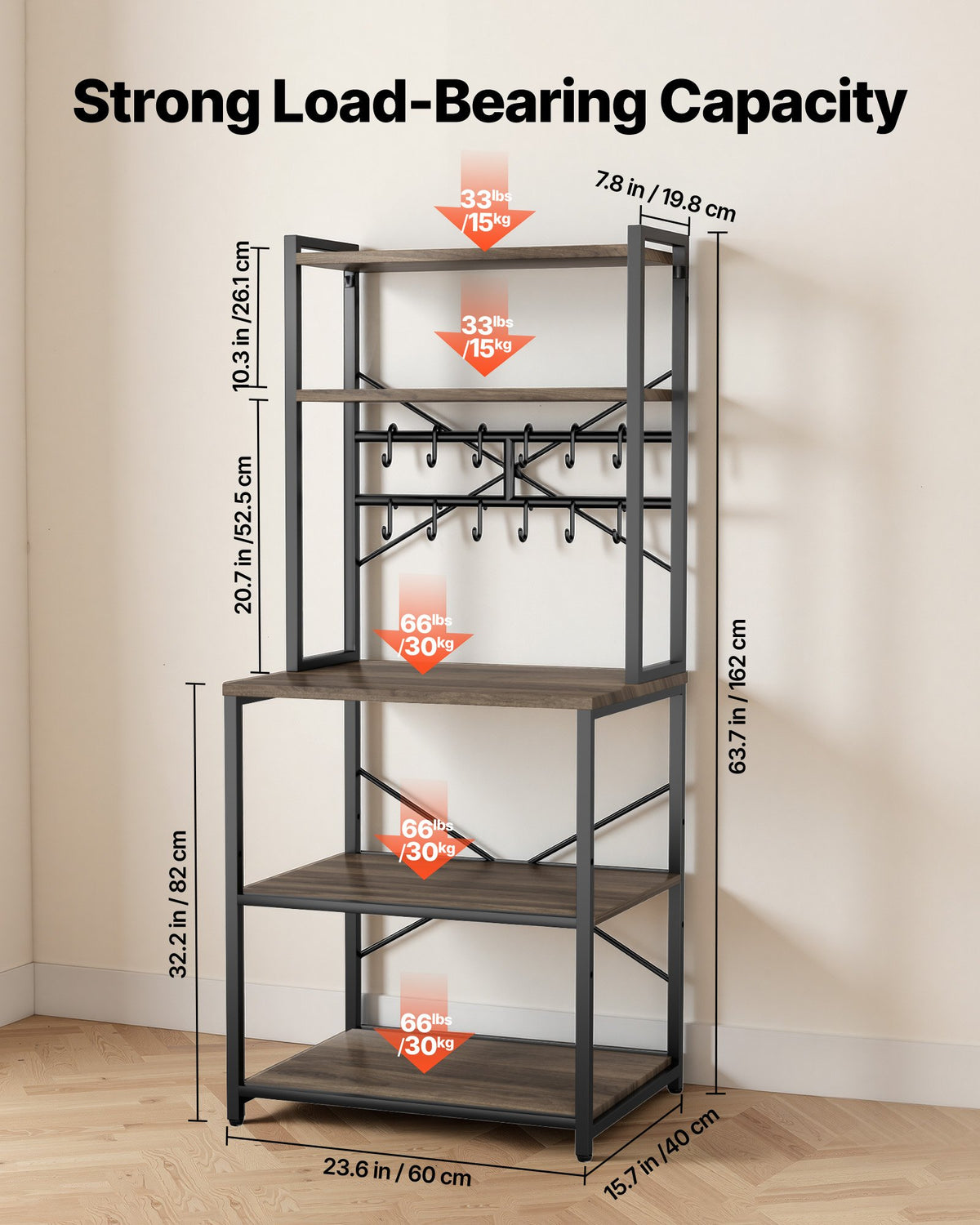VEVOR Kitchen Bakers Rack, 600 mm Width Bakers Rack, Kitchen Stand with X-Shaped Support Bar, 12 S-Shaped Hooks, Double-Layer Top Shelf, Coffee Bar Stand for Dishes & Bowls, Spice Bottles