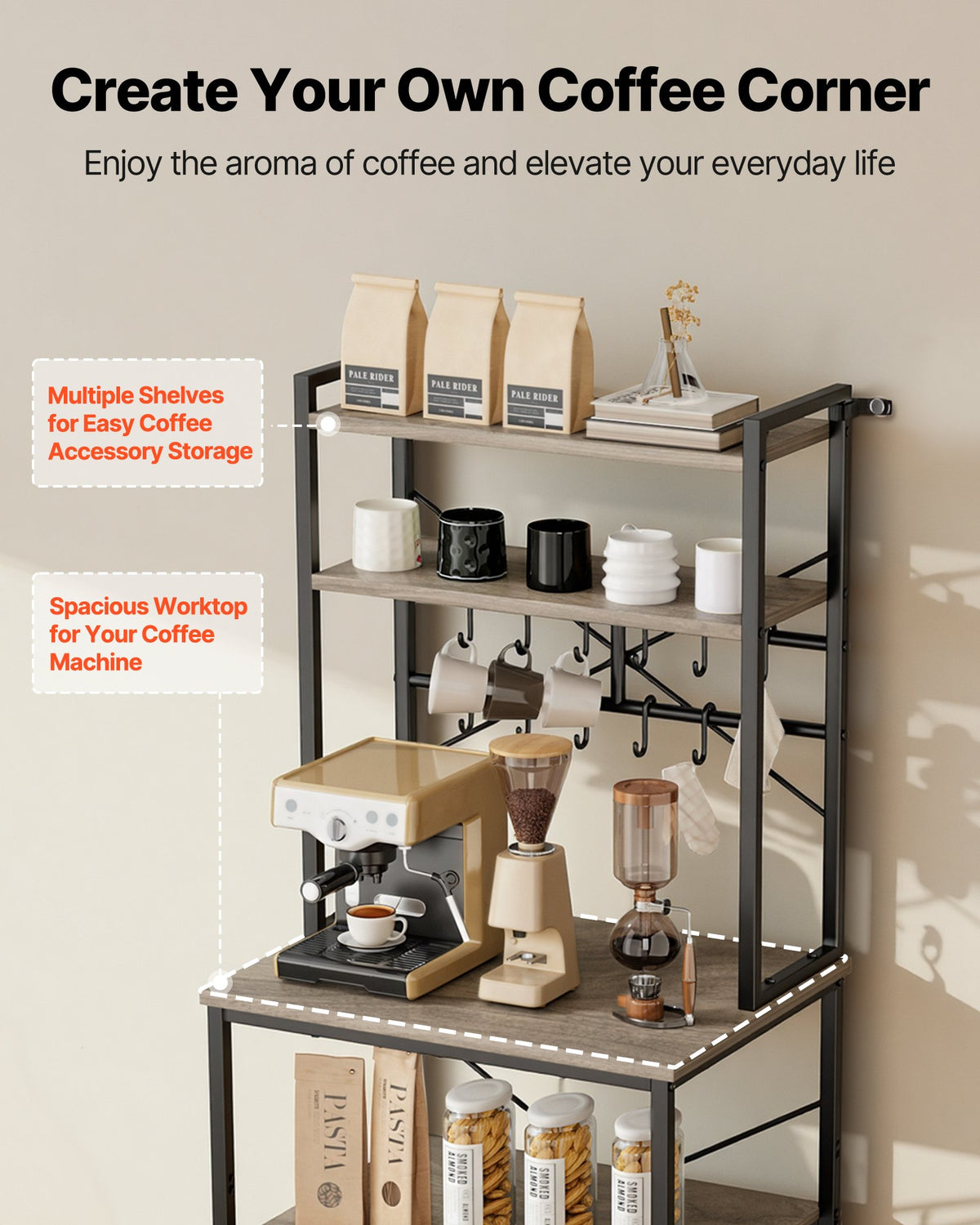 VEVOR Kitchen Bakers Rack, 600 mm Width Bakers Rack, Kitchen Stand with X-Shaped Support Bar, 12 S-Shaped Hooks, Double-Layer Top Shelf, Coffee Bar Stand for Dishes & Bowls, Spice Bottles