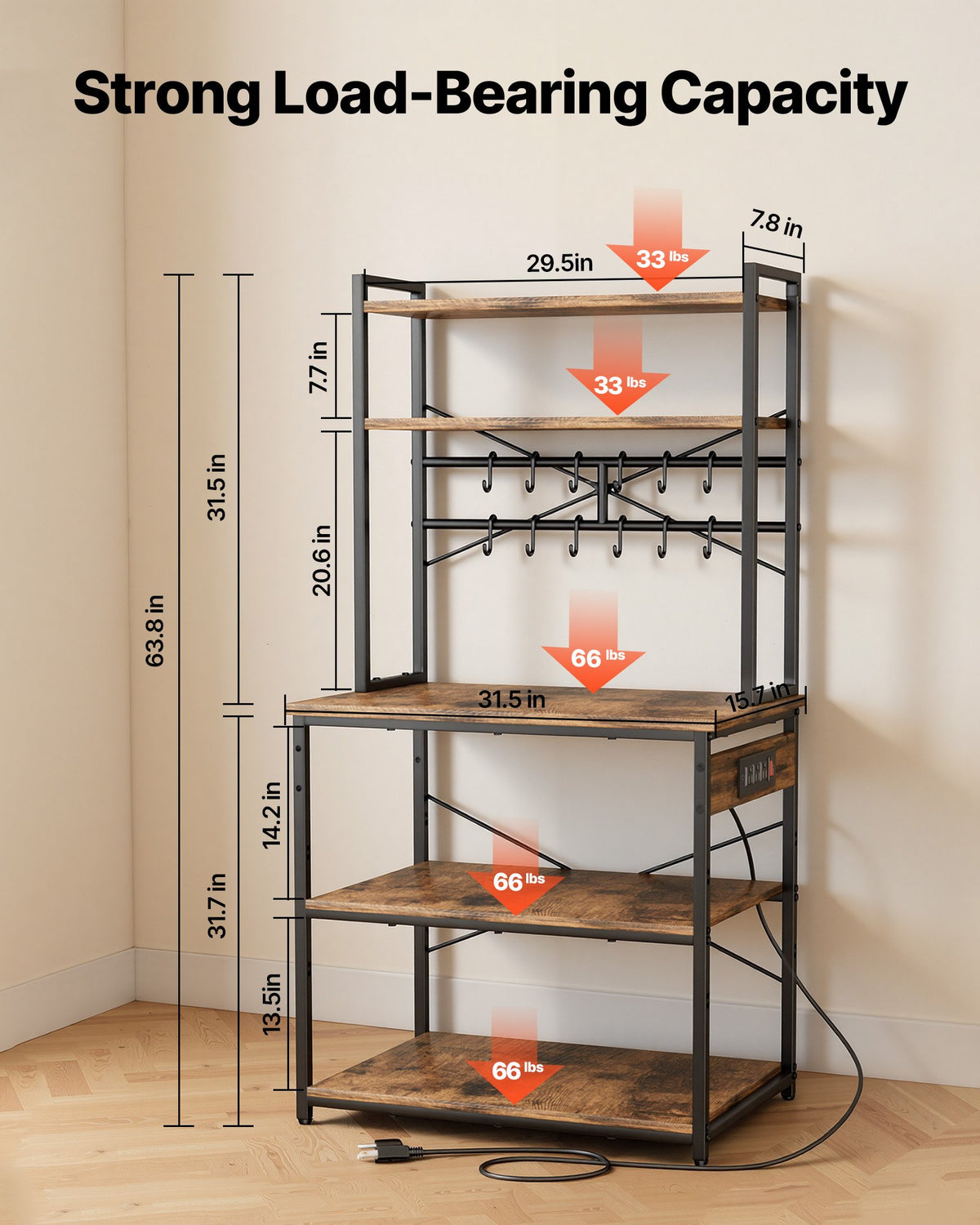 VEVOR Kitchen Bakers Rack, 1.5m Power Cable Bakers Rack with Power Outlet, Kitchen Stand with X-Shaped Support Bar, 12 S-Shaped Hooks, Coffee Bar Stand for Dishes, Spice Bottles, Built-In Power Strip