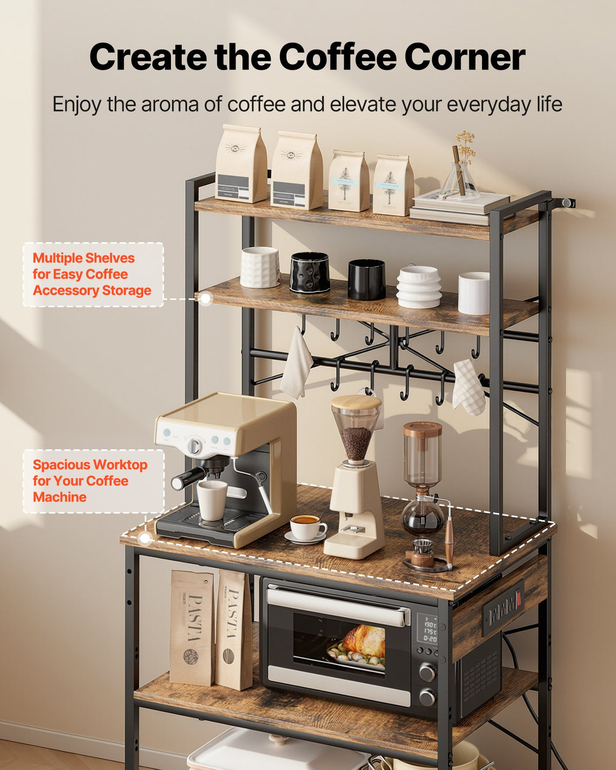VEVOR Kitchen Bakers Rack, 1.5m Power Cable Bakers Rack with Power Outlet, Kitchen Stand with X-Shaped Support Bar, 12 S-Shaped Hooks, Coffee Bar Stand for Dishes, Spice Bottles, Built-In Power Strip