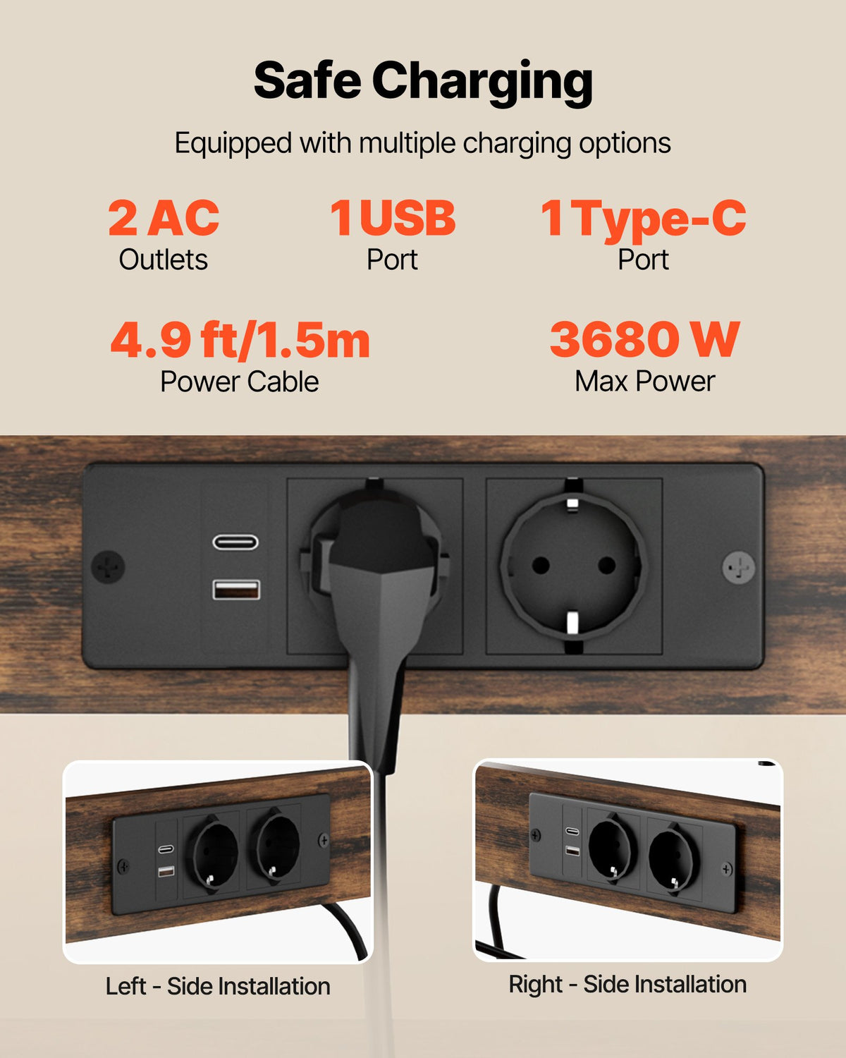 VEVOR Kitchen Bakers Rack, 1.5m Power Cable Bakers Rack with Power Outlet, Kitchen Stand with X-Shaped Support Bar, 12 S-Shaped Hooks, Coffee Bar Stand for Dishes, Spice Bottles, Built-In Power Strip