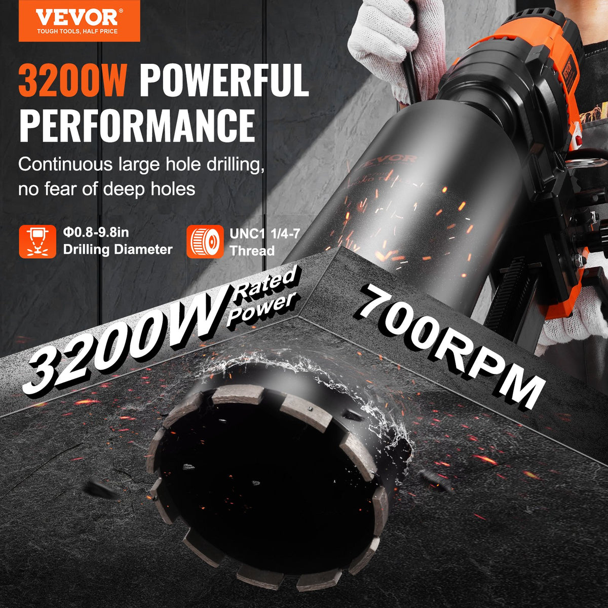 VEVOR Core Drill Machine 2.03-24.9 cm Dia 3200W Diamond Core Drill Rig with Stand