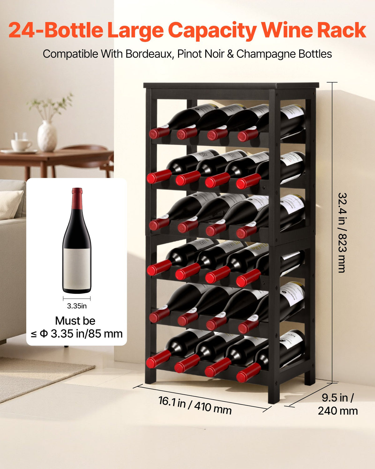 VEVOR 24 Bottle Detachable Wine Rack, 6-Tier Wine Bottle Holder,Solid Bamboo Wood Freestanding Floor Display Wine Storage Shelves with Table Top, for Kitchen,Cellar,Bar,Dining Room,Living Room(Black)