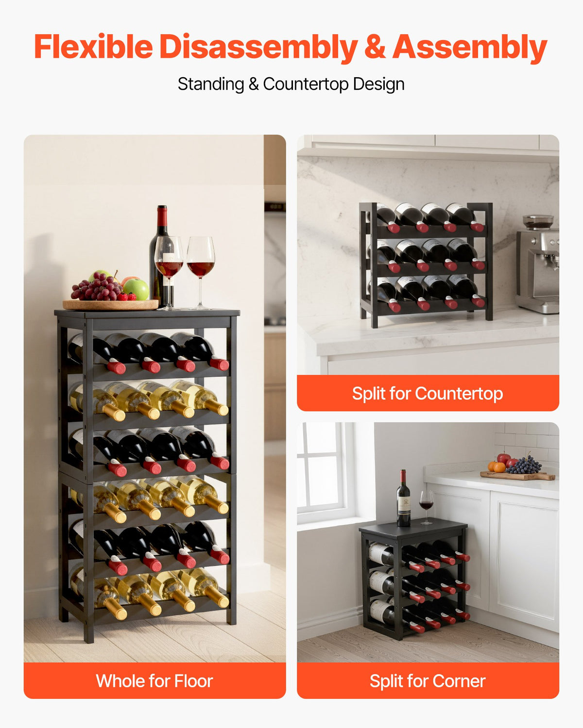VEVOR 24 Bottle Detachable Wine Rack, 6-Tier Wine Bottle Holder,Solid Bamboo Wood Freestanding Floor Display Wine Storage Shelves with Table Top, for Kitchen,Cellar,Bar,Dining Room,Living Room(Black)