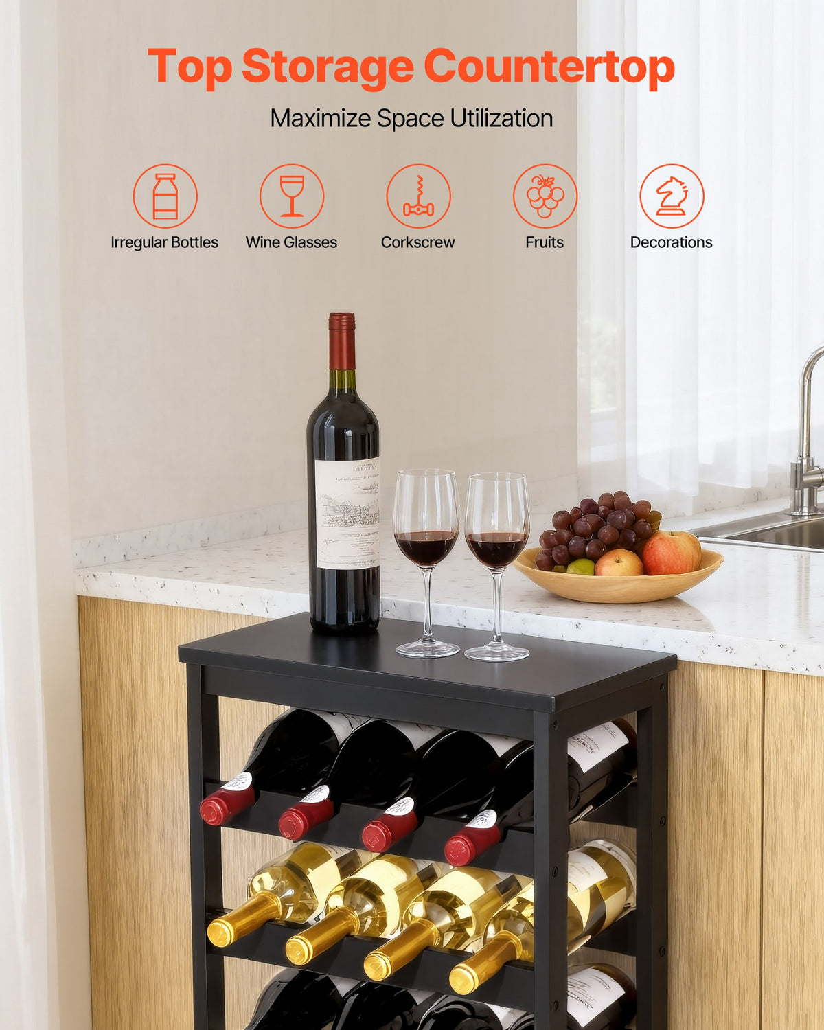 VEVOR 24 Bottle Detachable Wine Rack, 6-Tier Wine Bottle Holder,Solid Bamboo Wood Freestanding Floor Display Wine Storage Shelves with Table Top, for Kitchen,Cellar,Bar,Dining Room,Living Room(Black)