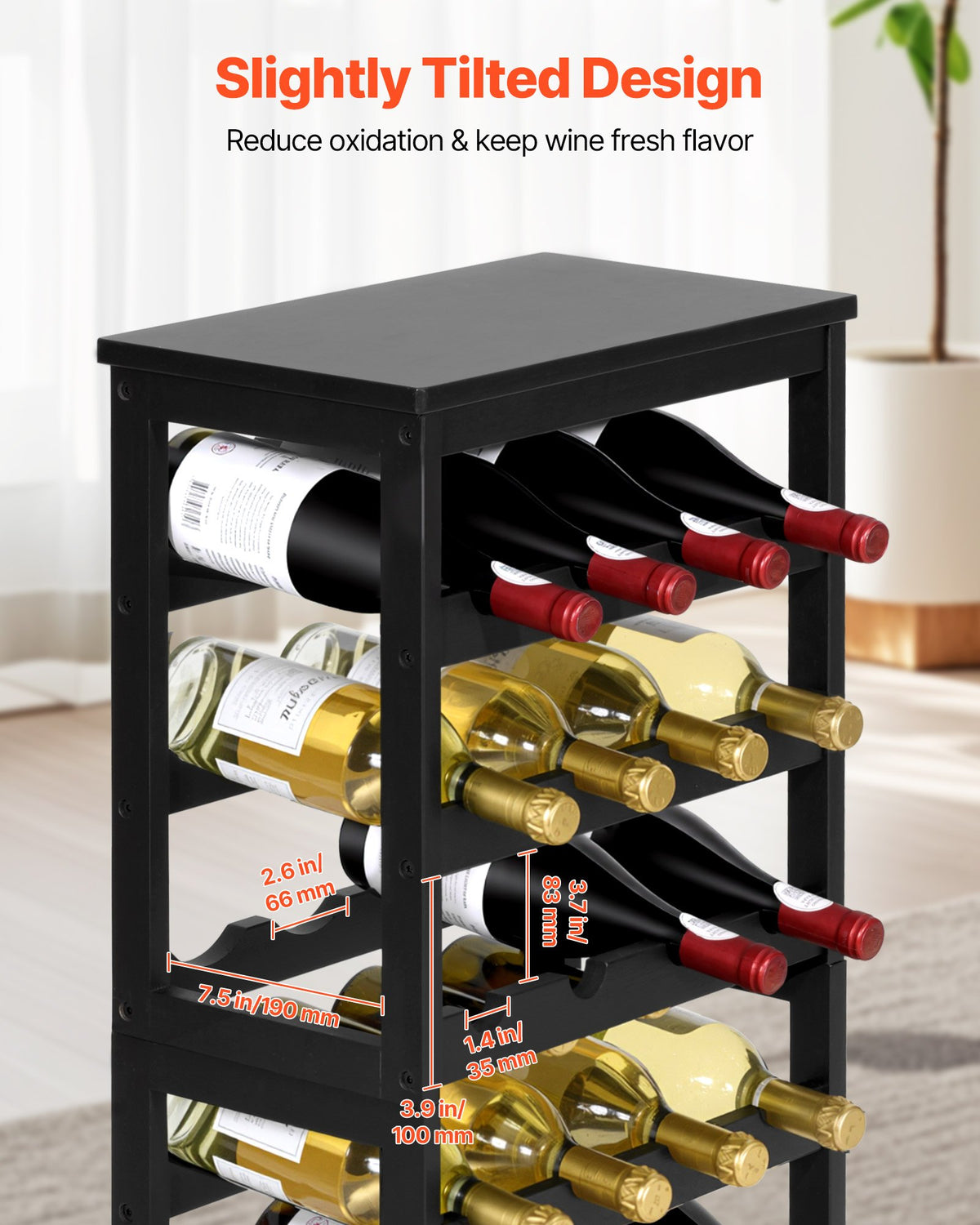 VEVOR 24 Bottle Detachable Wine Rack, 6-Tier Wine Bottle Holder,Solid Bamboo Wood Freestanding Floor Display Wine Storage Shelves with Table Top, for Kitchen,Cellar,Bar,Dining Room,Living Room(Black)