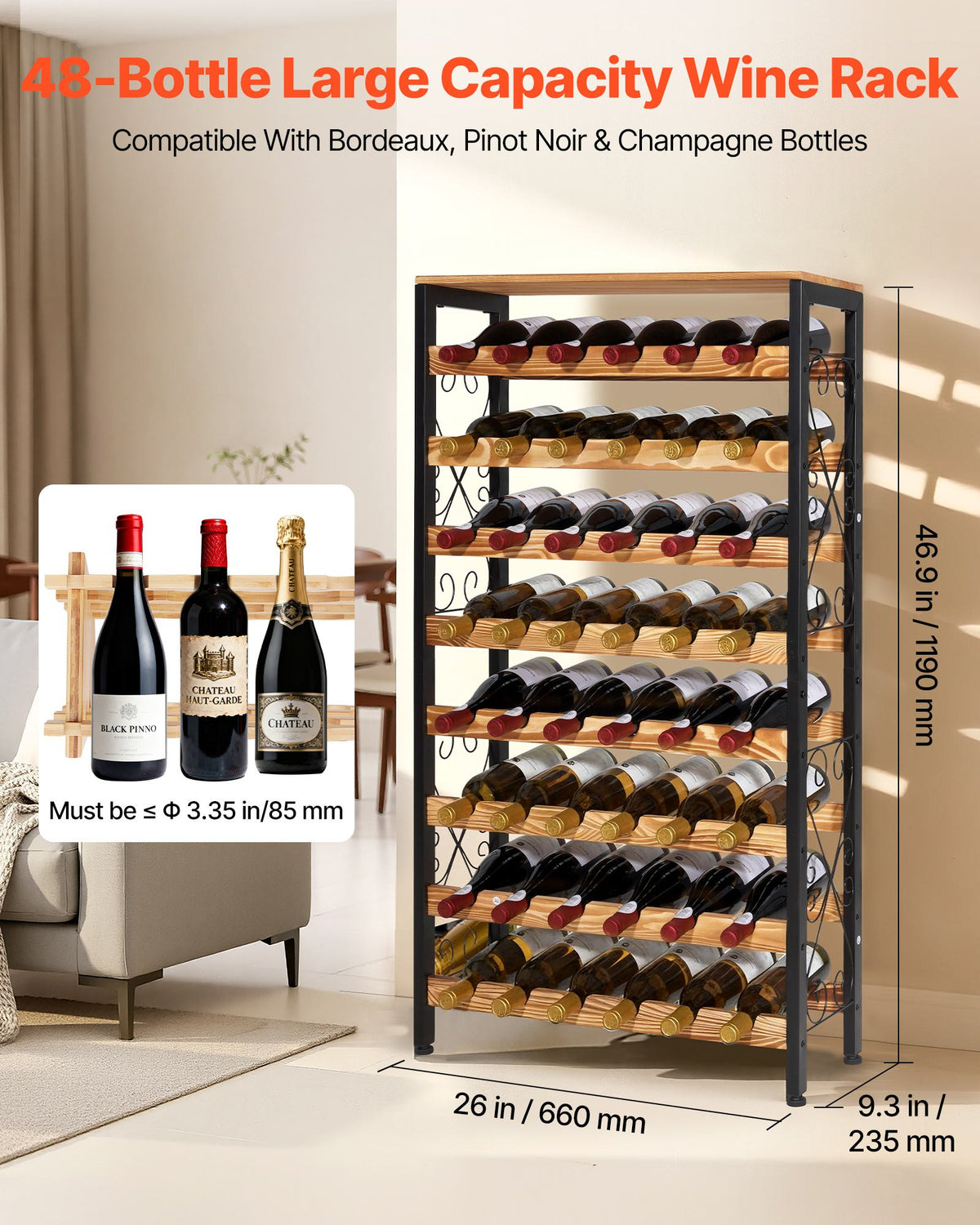 VEVOR 48 Bottle Wine Rack,8-Tier Iron Wine Bottle Holder With Wood Table Top,Freestanding Floor Display Wine Storage Shelves,For Kitchen Pantry, Cellar, Bar, Dining Room,26''L X 9.3''W X 46.9''H
