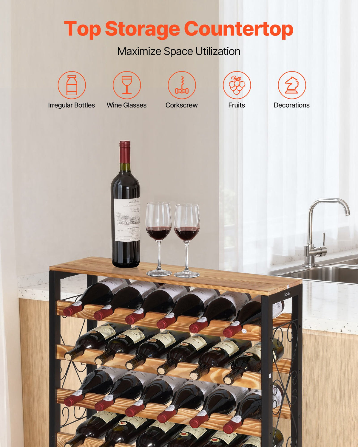 VEVOR 48 Bottle Wine Rack,8-Tier Iron Wine Bottle Holder With Wood Table Top,Freestanding Floor Display Wine Storage Shelves,For Kitchen Pantry, Cellar, Bar, Dining Room,26''L X 9.3''W X 46.9''H