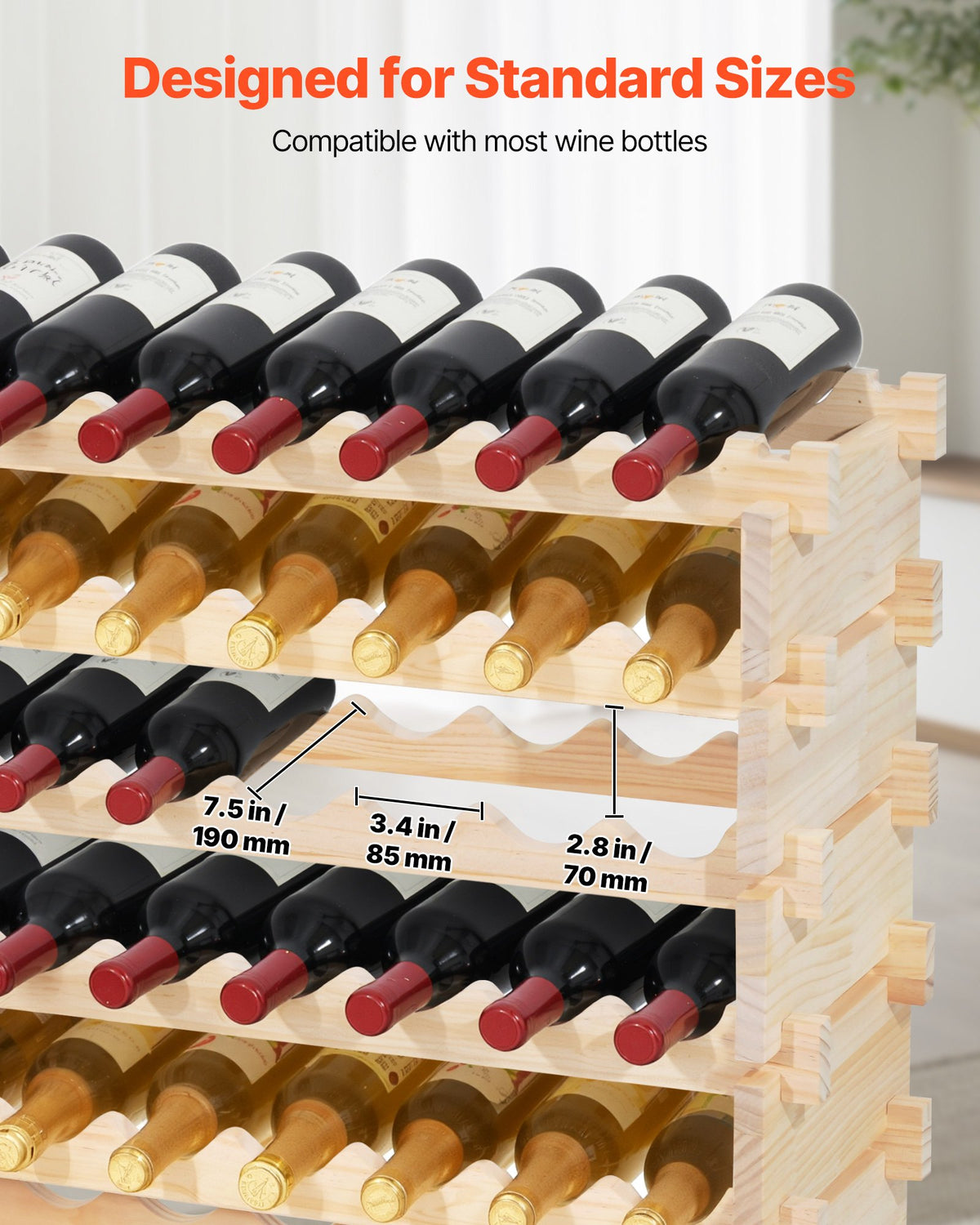 VEVOR 96 Bottle Stackable Modular Wine Rack, 8-Tier Wine Bottle Holder,Solid Wood Floor Freestanding Wine Storage Rack For Pinot Noir bottles,For Kitchen, Cellar, and Bar, Natural