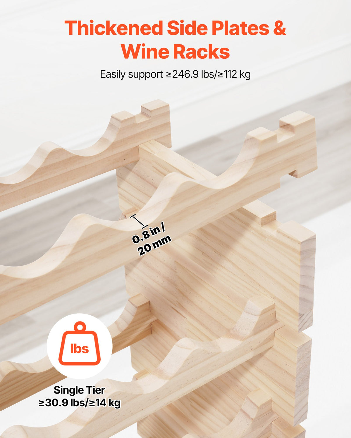 VEVOR 96 Bottle Stackable Modular Wine Rack, 8-Tier Wine Bottle Holder,Solid Wood Floor Freestanding Wine Storage Rack For Pinot Noir bottles,For Kitchen, Cellar, and Bar, Natural