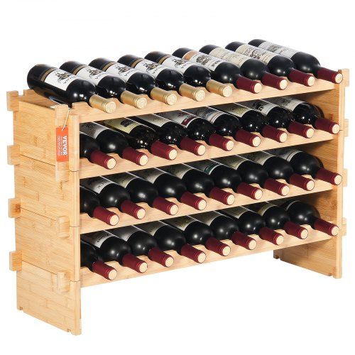 VEVOR 36 Bottle Stackable Modular Wine Rack, 4-Tier Solid Bamboo Wood Storage Racks, Floor Freestanding Wines Holder Display Shelf, Wobble-Free Shelves for Kitchen, Bar, and Cellar (Natural Color)