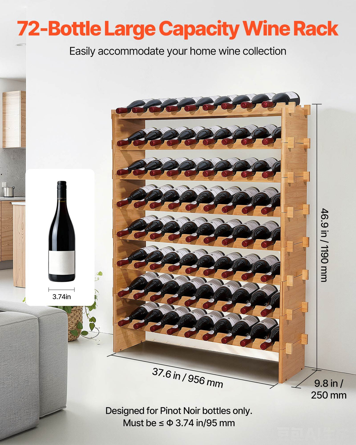 VEVOR 72 Bottle Stackable Modular Wine Rack, 8-Tier, Floor Freestanding Wine Storage Rack, Sturdy Wines Holder Display Shelf, Wobble-Free Shelves, Easy Assembly, for Kitchen, Cellar, and Bar, Natural