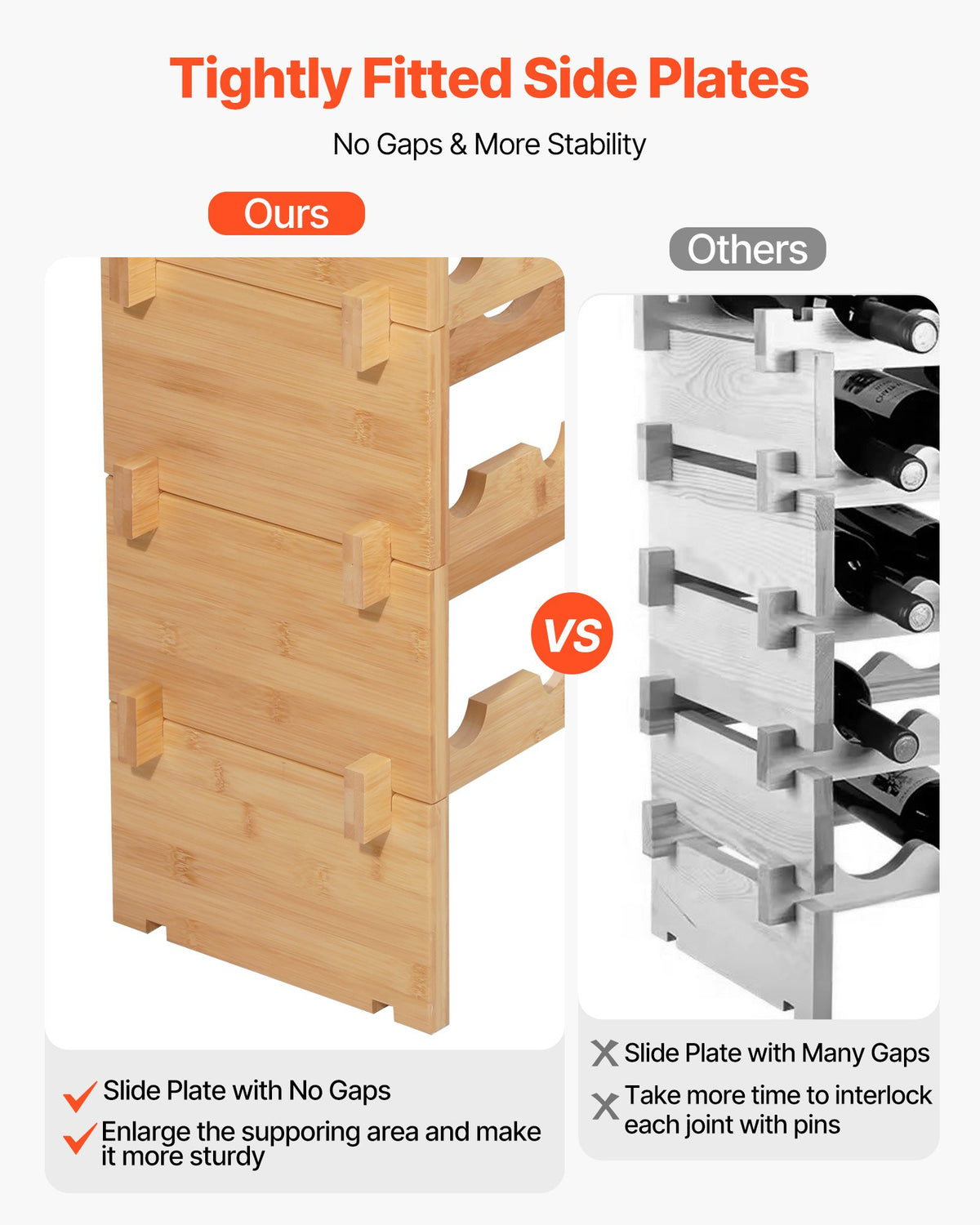 VEVOR 72 Bottle Stackable Modular Wine Rack, 8-Tier, Floor Freestanding Wine Storage Rack, Sturdy Wines Holder Display Shelf, Wobble-Free Shelves, Easy Assembly, for Kitchen, Cellar, and Bar, Natural