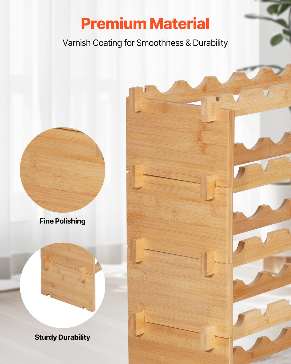 VEVOR 72 Bottle Stackable Modular Wine Rack, 8-Tier, Floor Freestanding Wine Storage Rack, Sturdy Wines Holder Display Shelf, Wobble-Free Shelves, Easy Assembly, for Kitchen, Cellar, and Bar, Natural