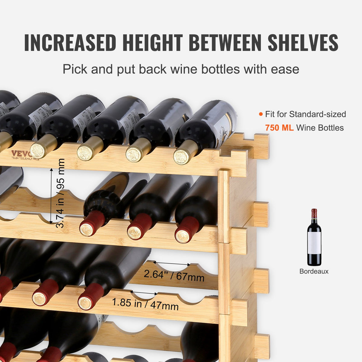 VEVOR 48 Bottle Stackable Modular Wine Rack Bamboo Wood Display Shelf 6-Tier