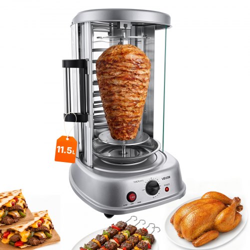 VEVOR Countertop Vertical Rotating Oven 11.5L Rotisserie Shawarma Machine, 1500W Kebab Grill Roaster with Heat-Resistant Door, Drip Tray, and Timer Control, Kebab Rack with 7 Skewers