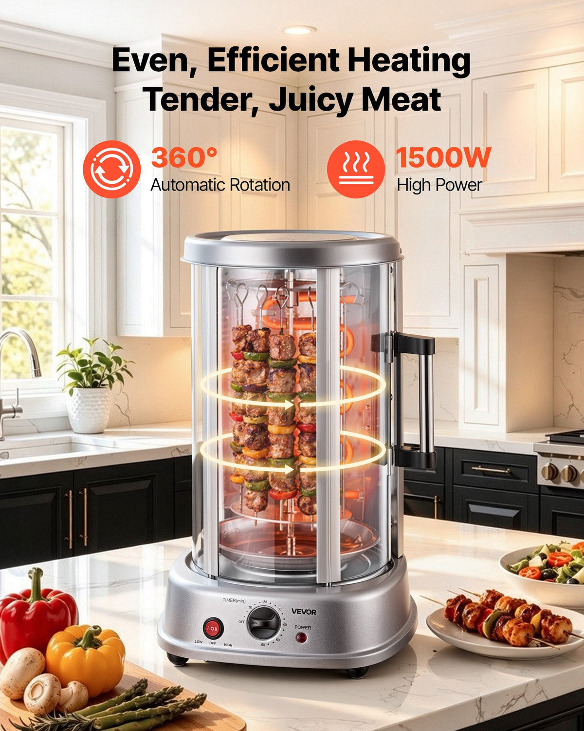 VEVOR Countertop Vertical Rotating Oven 11.5L Rotisserie Shawarma Machine, 1500W Kebab Grill Roaster with Heat-Resistant Door, Drip Tray, and Timer Control, Kebab Rack with 7 Skewers